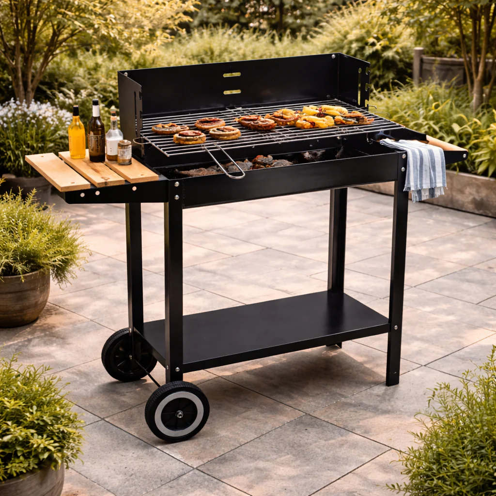 Barbecue a carbone in acciaio con ripiano laterale in legno 85,2x36xH82,7 cm - immagine 3