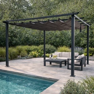 Gazebo pergola da giardino 4x4 mt con struttura in alluminio antracite e telo grigio in poliestere Nerea