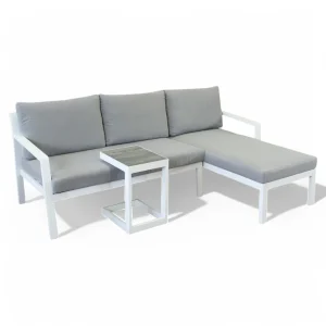 Divano in alluminio bianco con tavolino integrato e cuscini inclusi 70/135x75/140xH75 cm