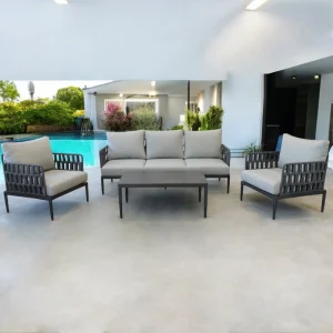 Salotto da giardino struttura in alluminio e rivestimento in corda pvc con cuscini Saint Jon