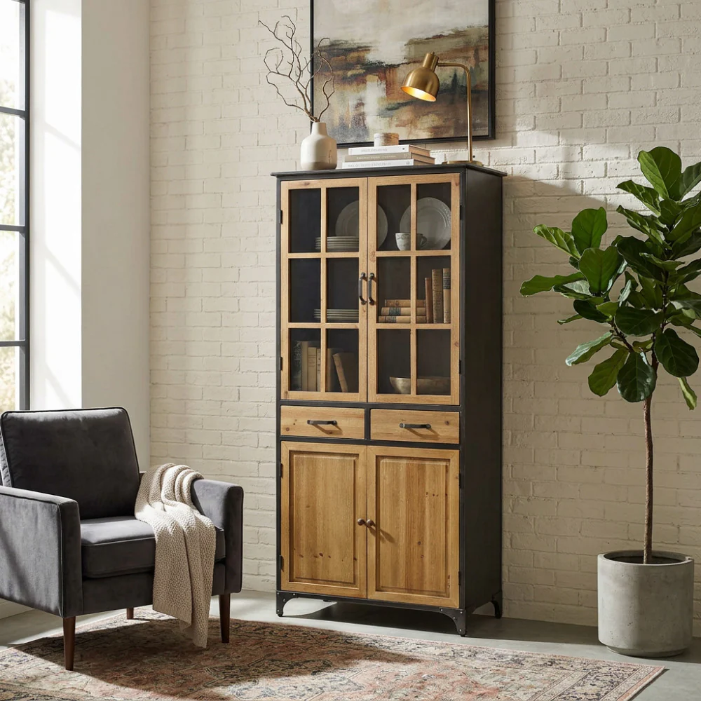 Mobile credenza in legno e acciaio con ante e ripiani per organizzazione 78,5x41,5xH175 cm - immagine 3