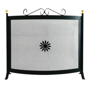 Parascintille curvo in ferro con decoro e pomoli in ottone per camino 60xH65 cm