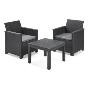Salotto da esterno in resina effetto rattan 2 poltrone e 1 tavolino con cuscini Emma Balconi