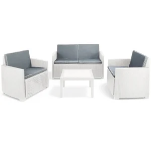Salotto per esterno in polietilene rattan bianco 2 poltrone 1 divano biposto con cuscini e 1 tavolino