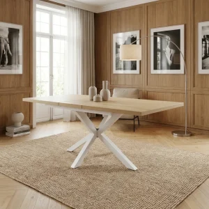 Tavolo allungabile con piano in mdf naturale e struttura in metallo bianco 90x160/200xH75 cm Gariè